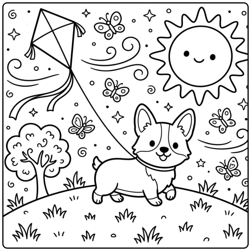 Corgi Flying a Kite in the Park coloring page