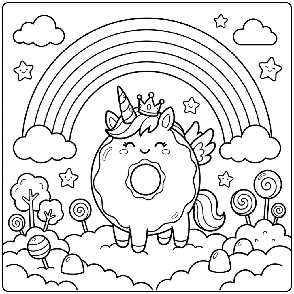Cheerful Donut Unicorn Rainbow and Clouds coloring page