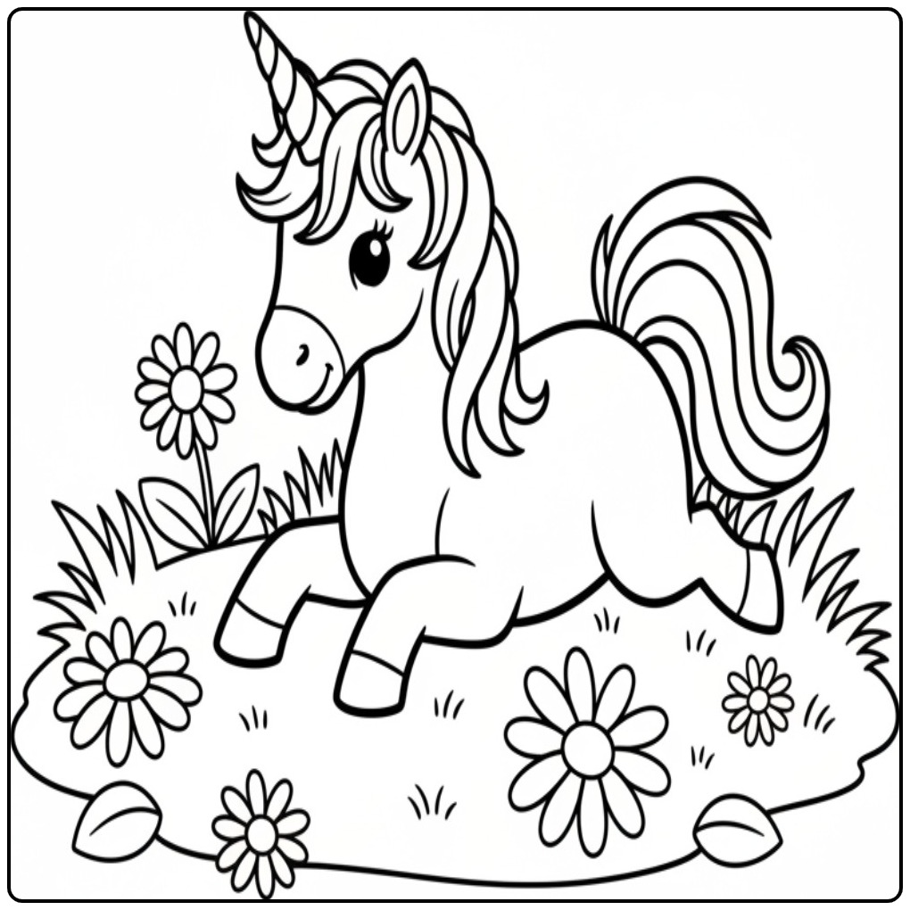 Cheerful in a Flower Meadow Unicorn Easy coloring page