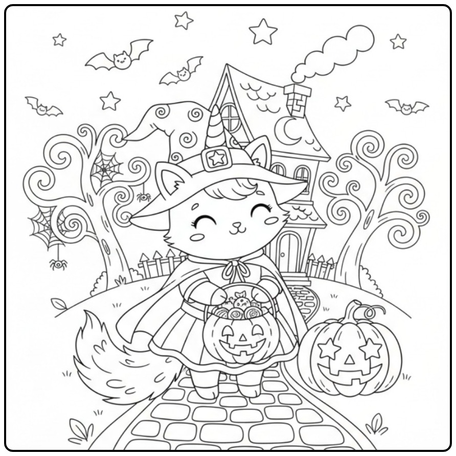 Cheerful Unicorn Cat Halloween coloring page