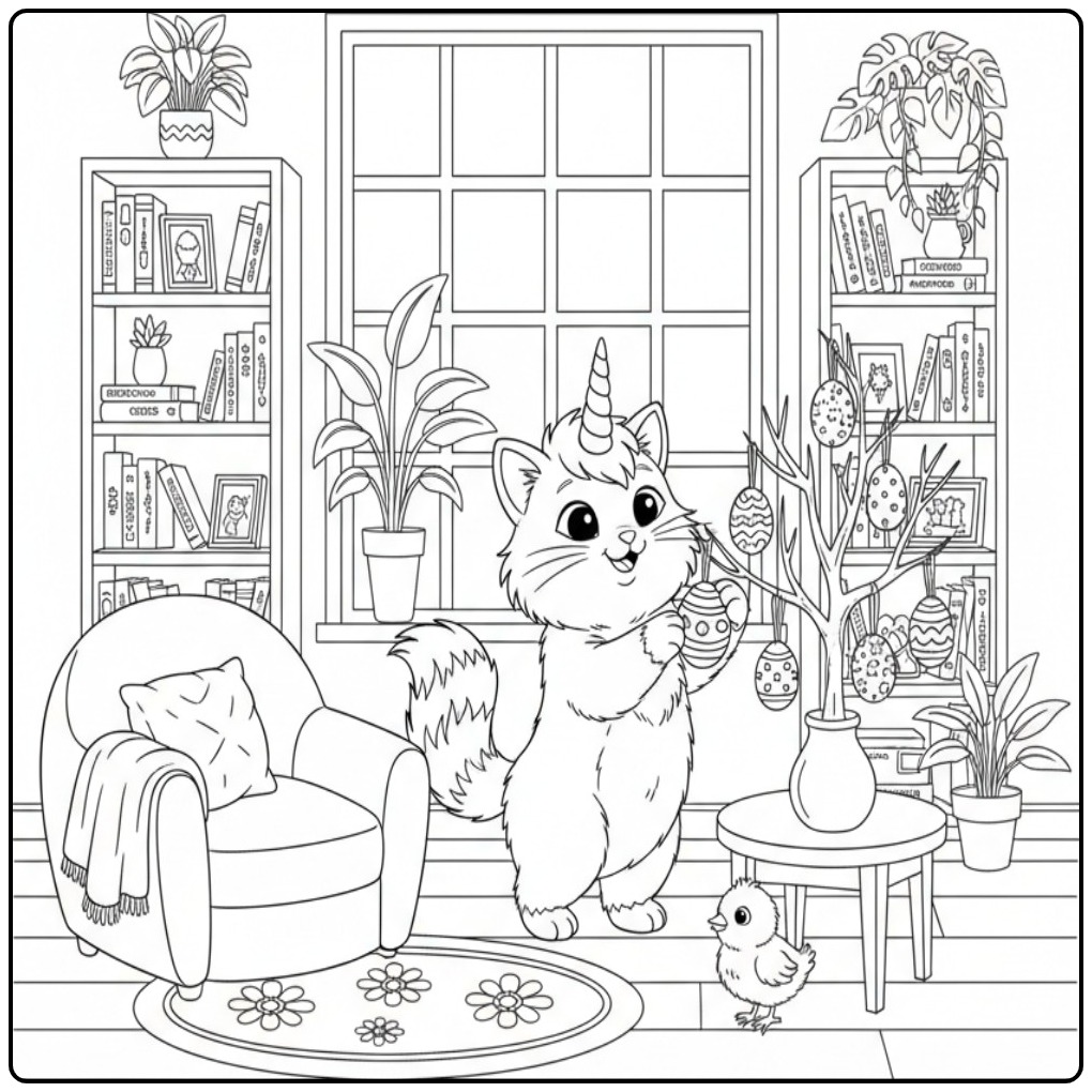 Cheerful Unicorn Cat Easter a Chick coloring page
