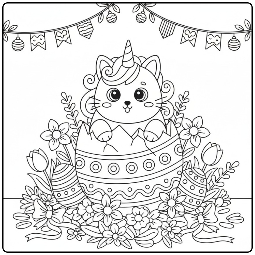 Cheerful Unicorn Cat Easter Streamers coloring page
