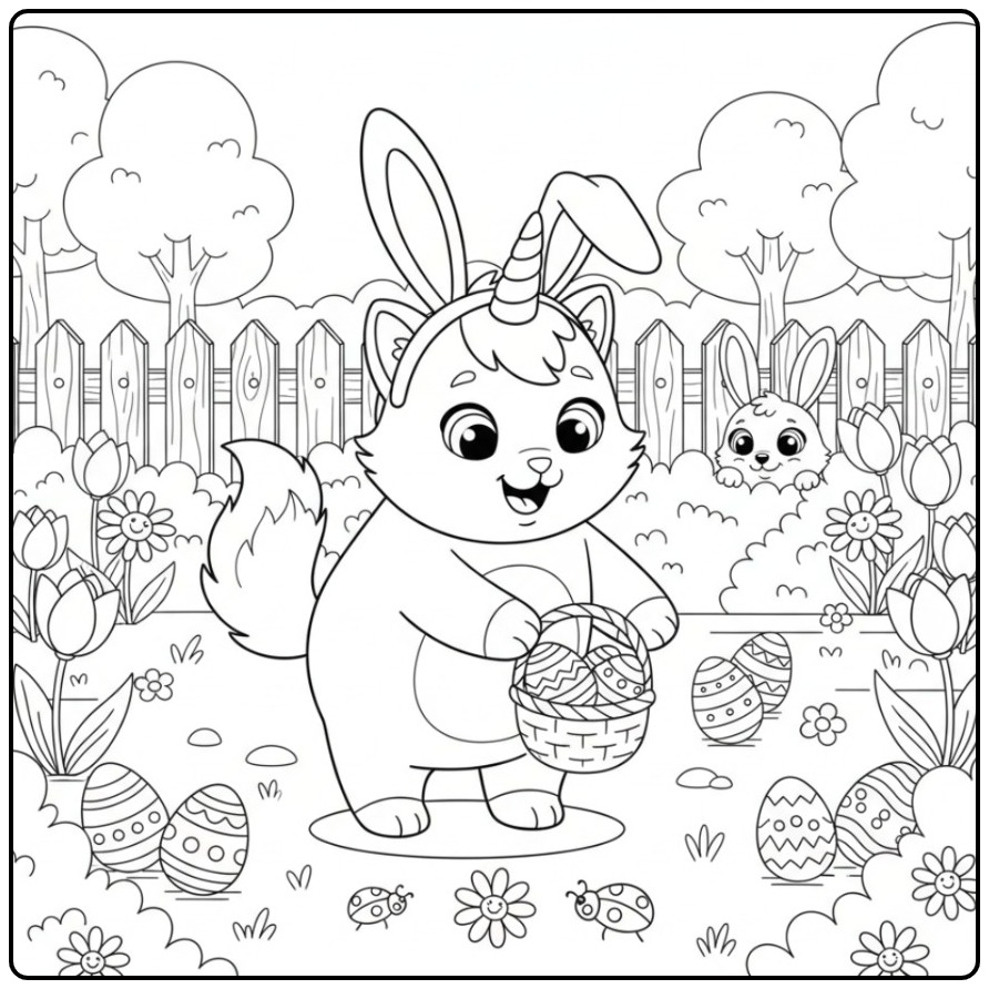 Cheerful Unicorn Cat Easter coloring page