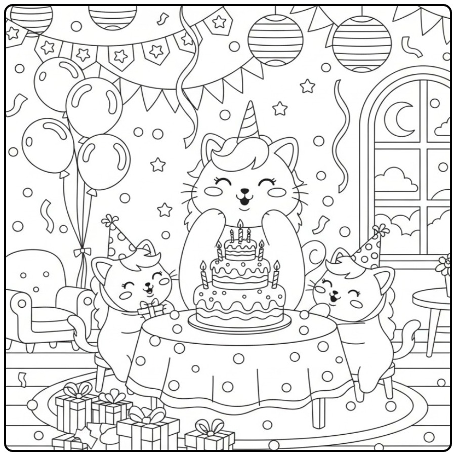 Cheerful Unicorn Cat Birthday Friends coloring page