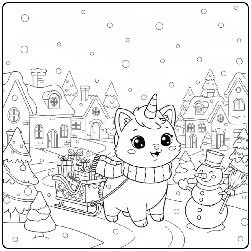 Cheerful Eenhoornkat Christmas a Snowman coloring page