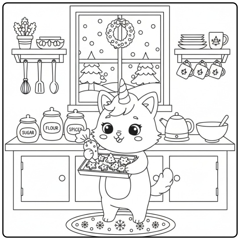 Cheerful Eenhoornkat Christmas Cookies coloring page