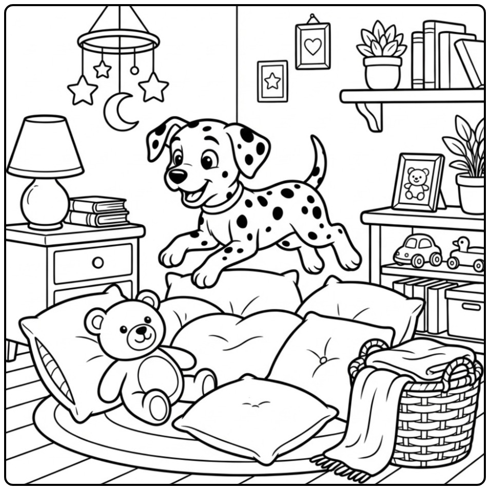 Cheerful and Playful Dalmatian in a Child's Room coloring page