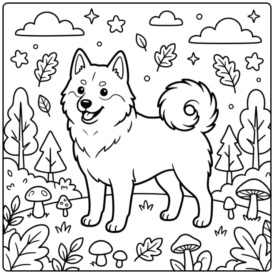 Cheerful Finnish Spitz in the Forest coloring page