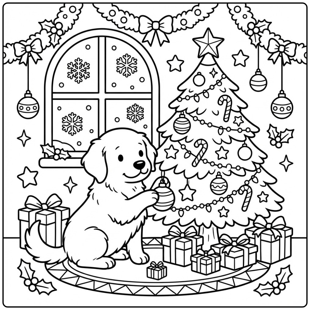 Golden Retriever Puppy Holding a Christmas Ornament coloring page