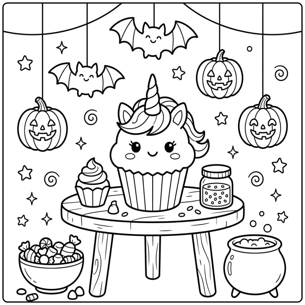 Cheerful Halloween Unicorn Cupcake and Bats coloring page