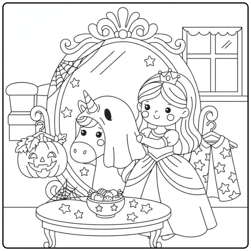 Cheerful Halloween Princess Unicorn coloring page