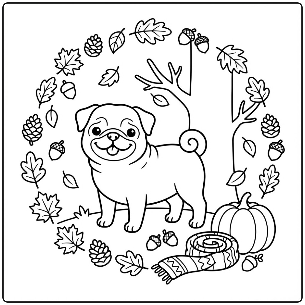 Cheerful Autumn Pug with a Pumpkin coloring page