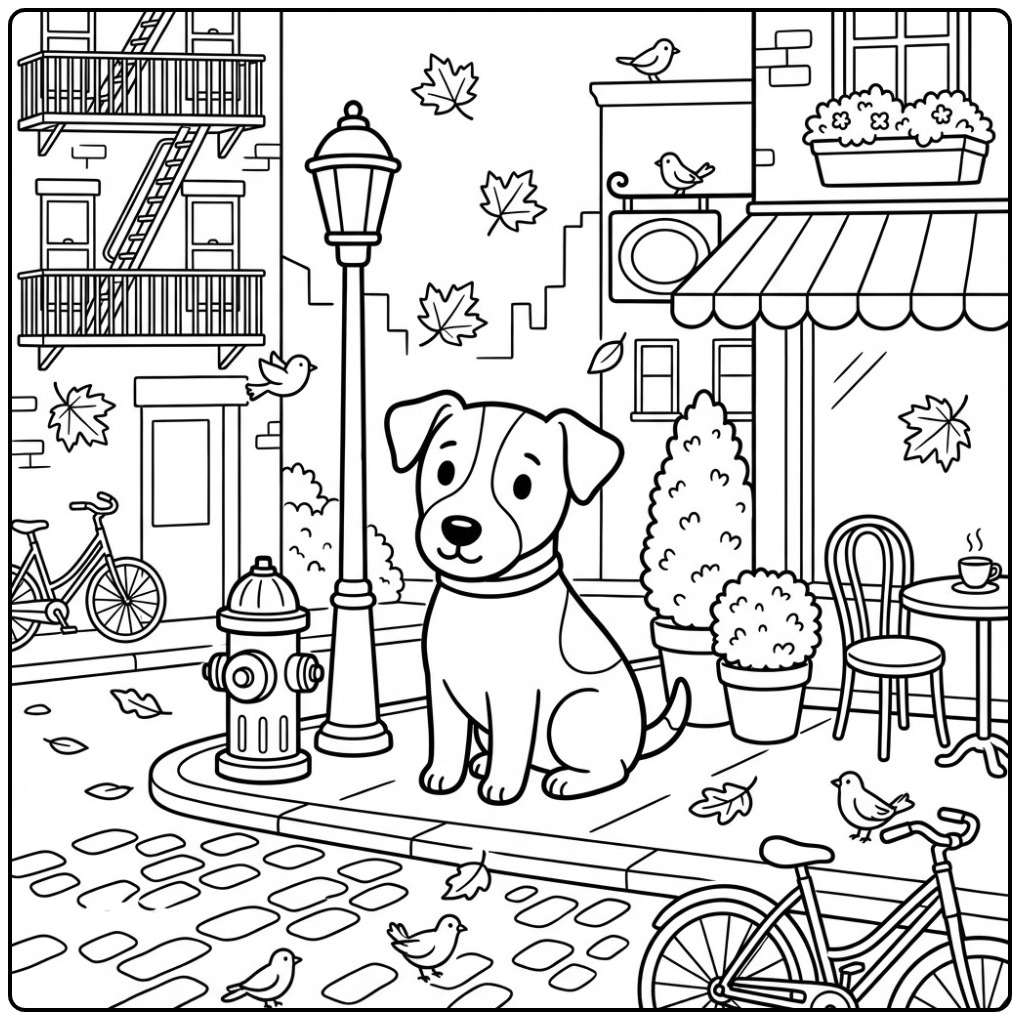 Jack Russell on an Autumn City Sidewalk coloring page