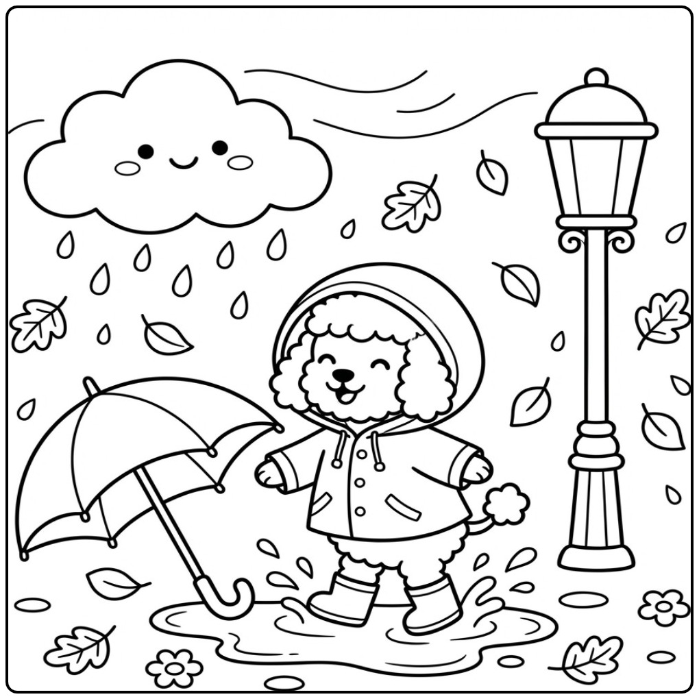 Cheerful Autumn Day Poodle in a Rain Puddle coloring page