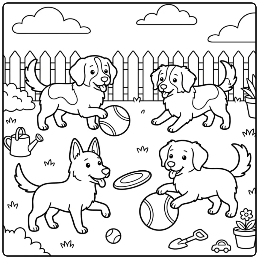 Dutch Dog Breeds Playing Frisbee in the Garden coloring page