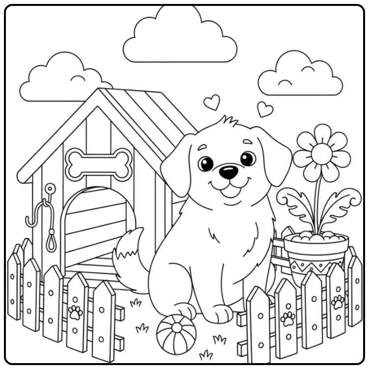 Happy Dog Sitting Beside a Doghouse in the Garden coloring page
