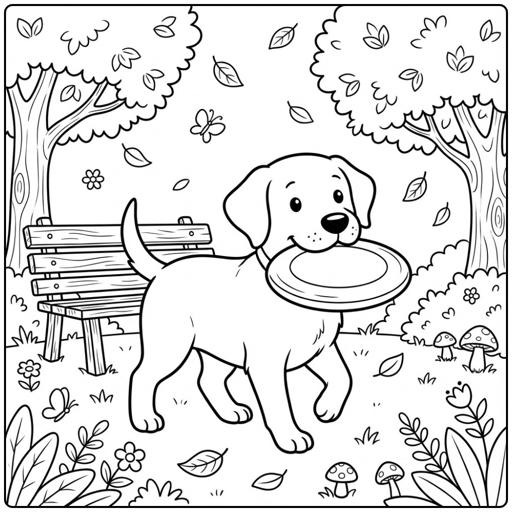 Cheerful Dog with Frisbee a Labrador coloring page