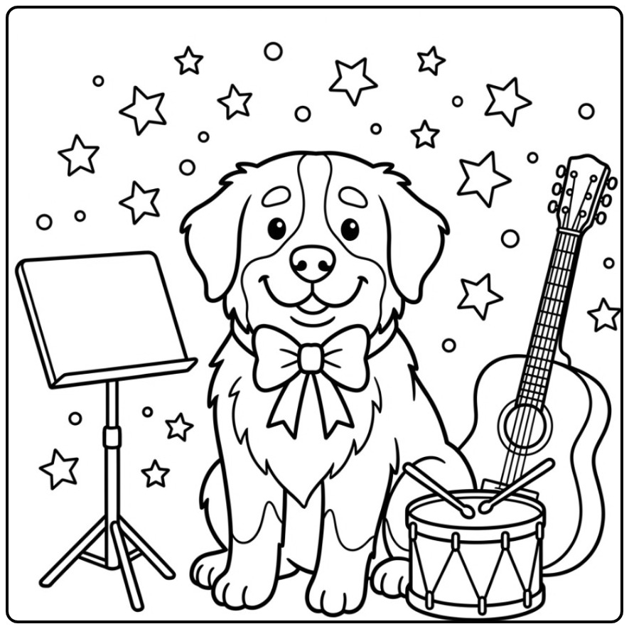 Musical Bernese Mountain Dog with Guitar and Drum coloring page