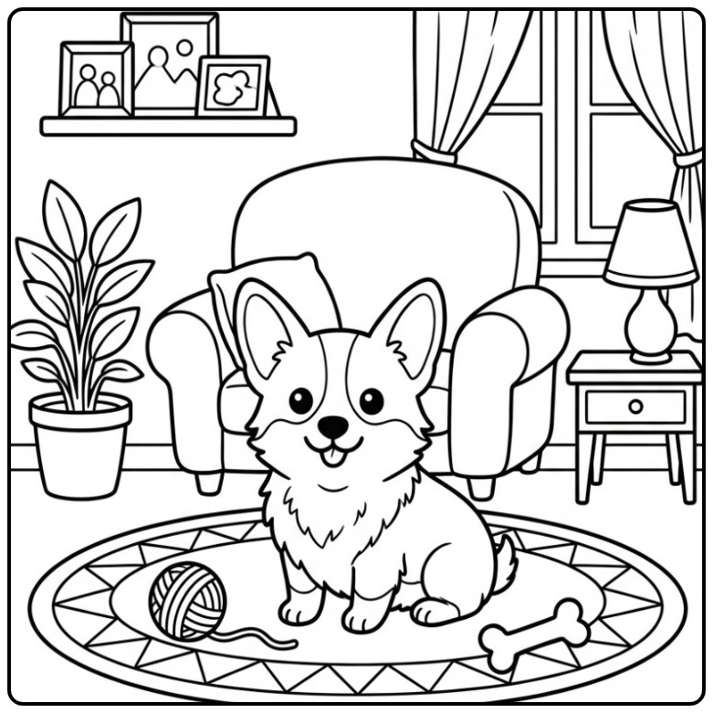 Corgi Sitting on a Cozy Living Room Carpet coloring page