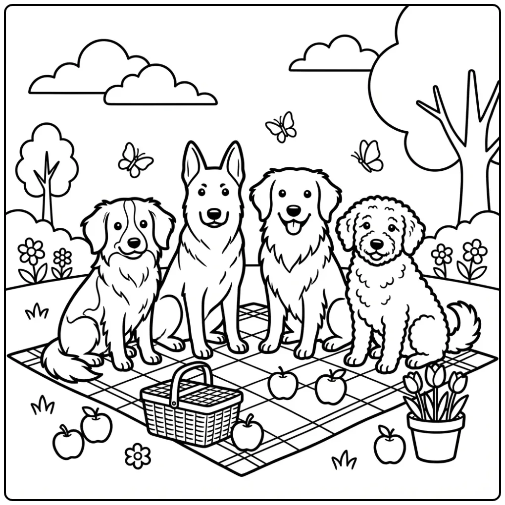 Dutch Dog Breeds Having a Picnic in the Park coloring page