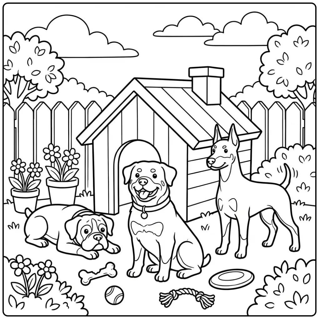 Three Cheerful Dog Friends in the Garden coloring page