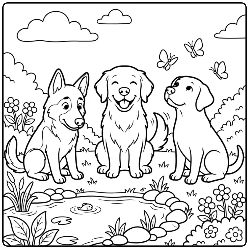 Cheerful Puppies Playing in the Garden coloring page
