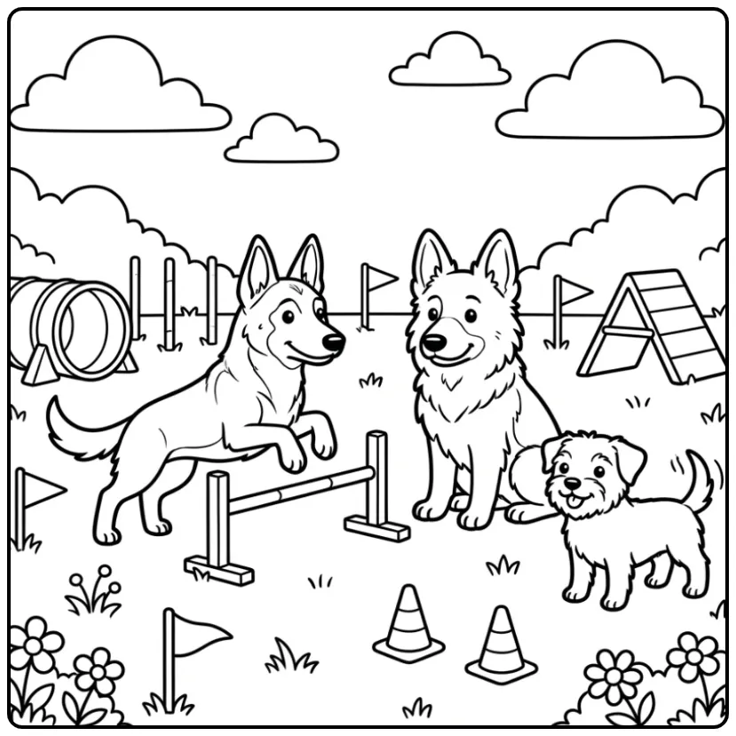 Cheerful Dog Agility Training with Obstacles coloring page