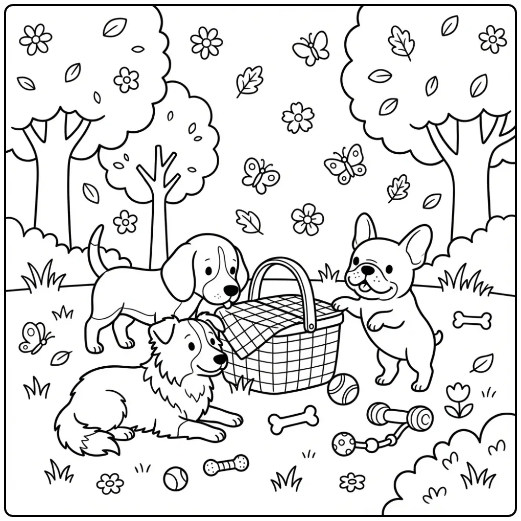 Cheerful Dog Friends in the Park coloring page