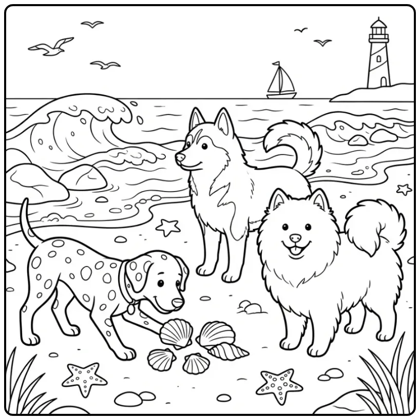 Cheerful Dogs on the Beach with Shells coloring page