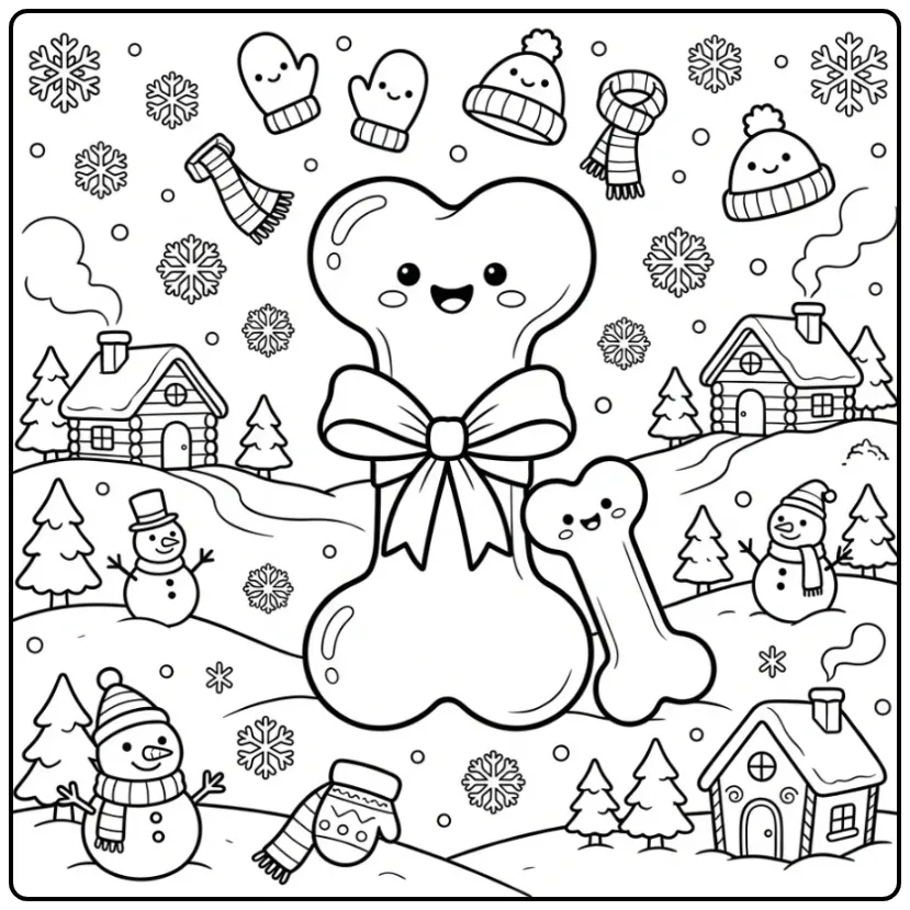 Cheerful Dog Bone in a Winter Theme coloring page