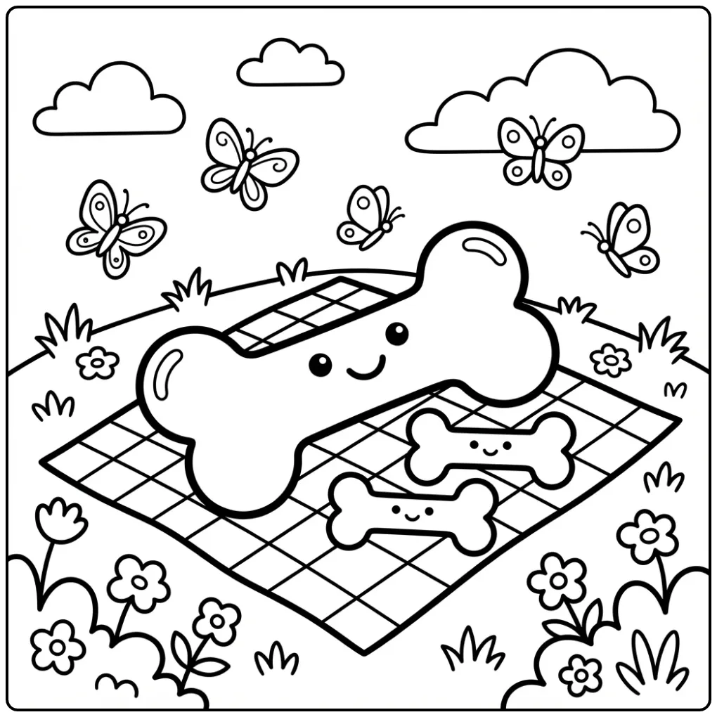 Cheerful Dog Bone with Flowers and Butterflies coloring page
