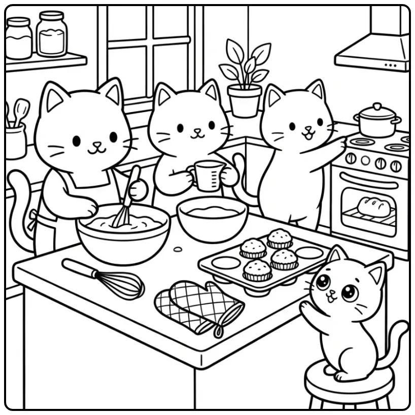Cheerful Cats Baking in the Kitchen with a Kitten coloring page