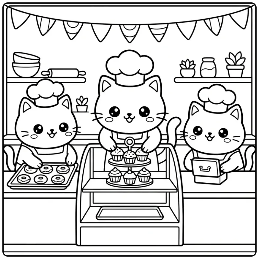 Cheerful Cats in a Bakery Full of Treats coloring page