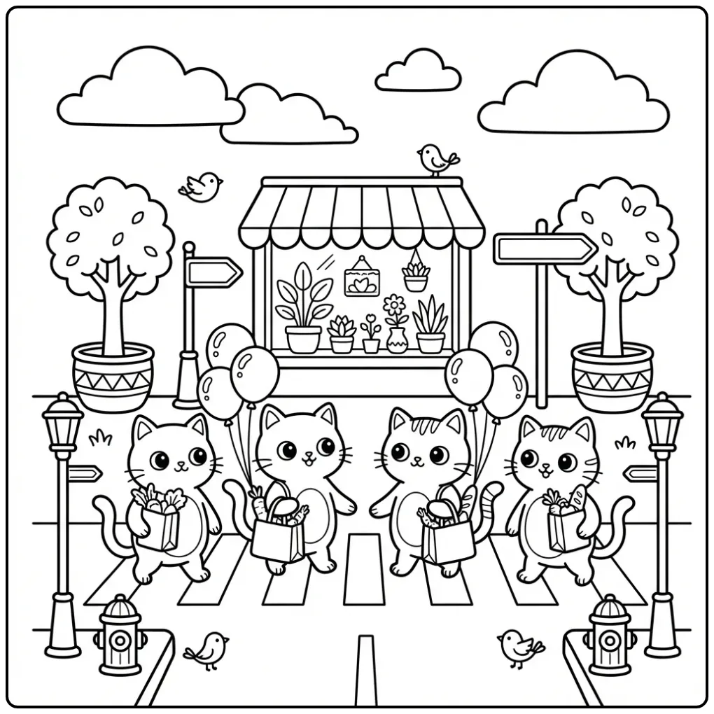 Cheerful Cats in the City with Balloons coloring page