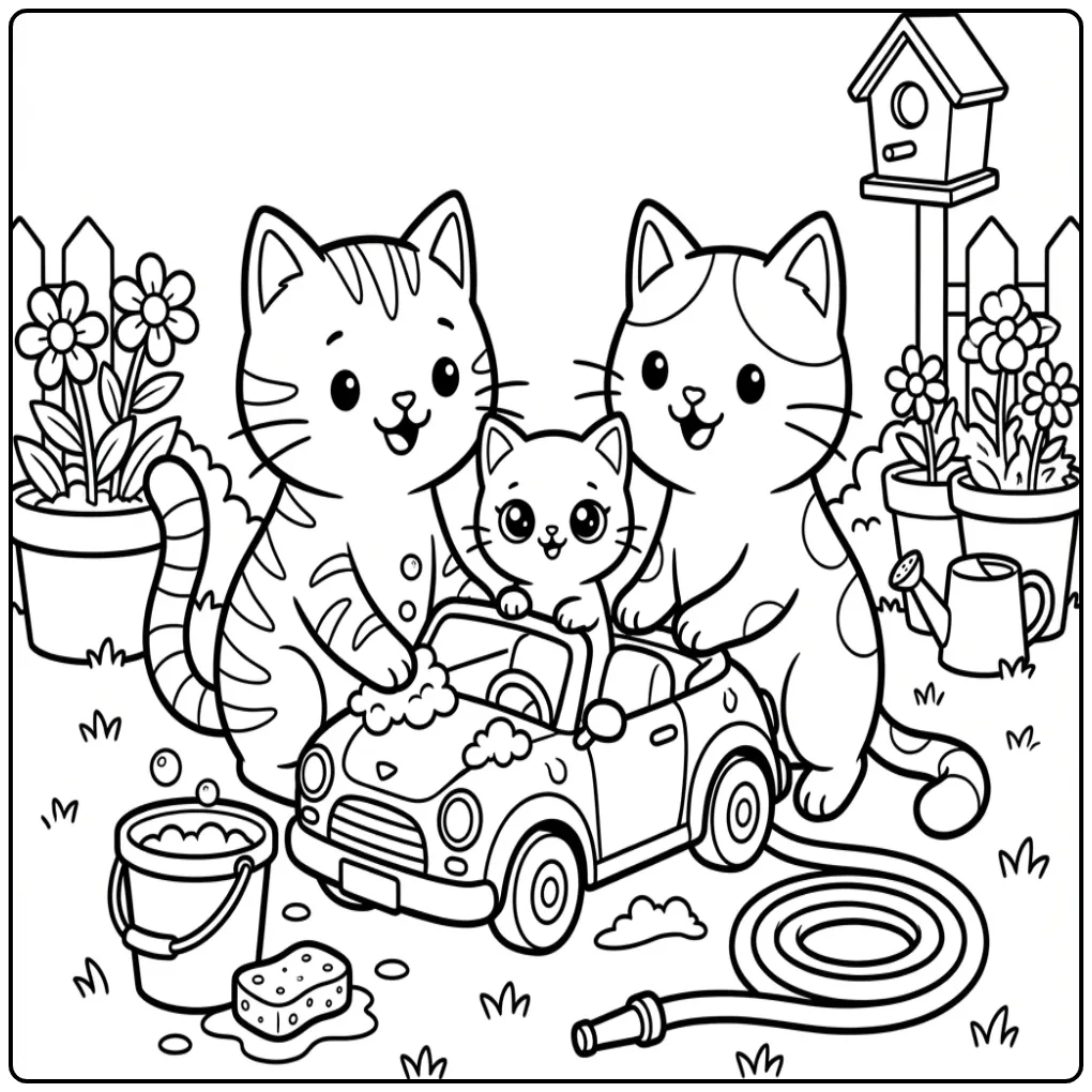Cheerful Cats Washing a Car in the Garden coloring page
