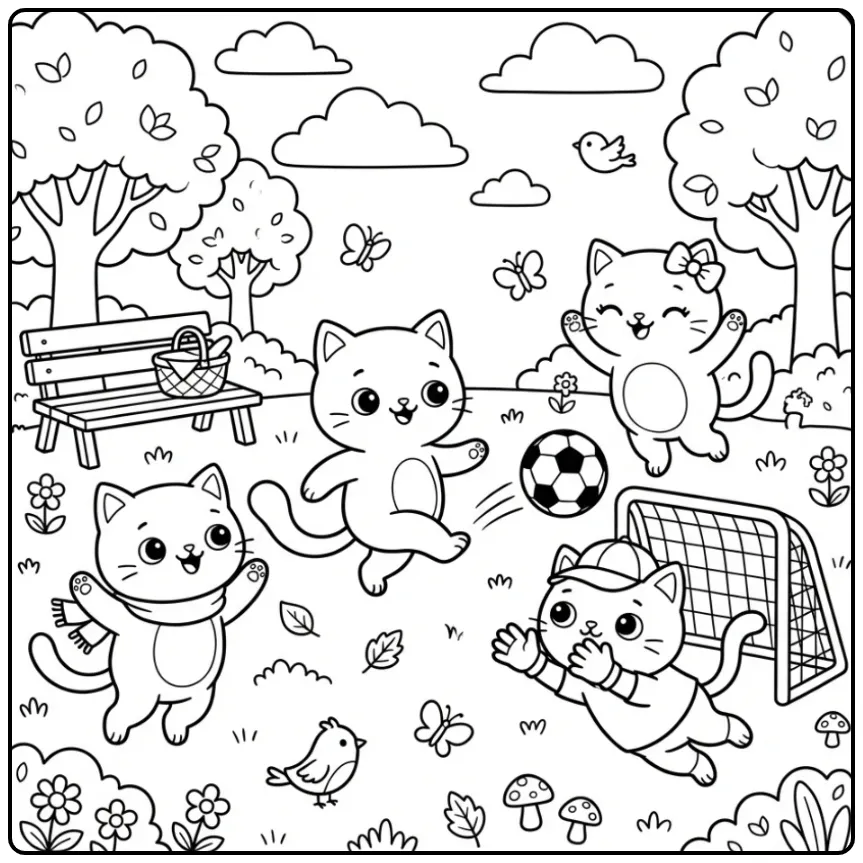 Cheerful Cats with a Soccer Ball and Goal coloring page