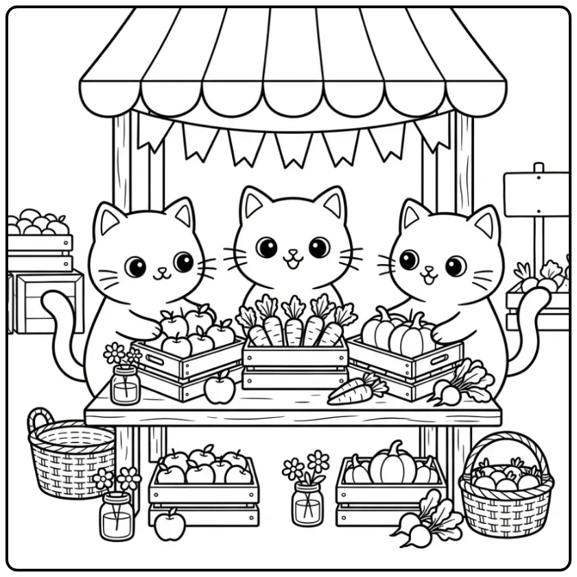 Cheerful Cats at the Farmers Market coloring page