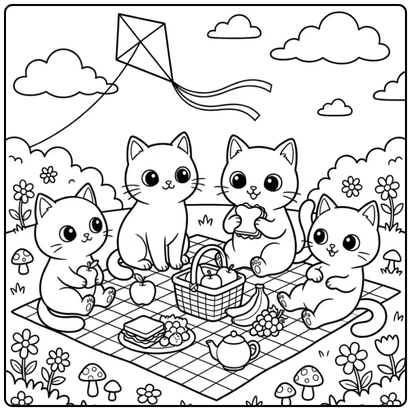 Cheerful Cats Picnic with Food and a Kite coloring page