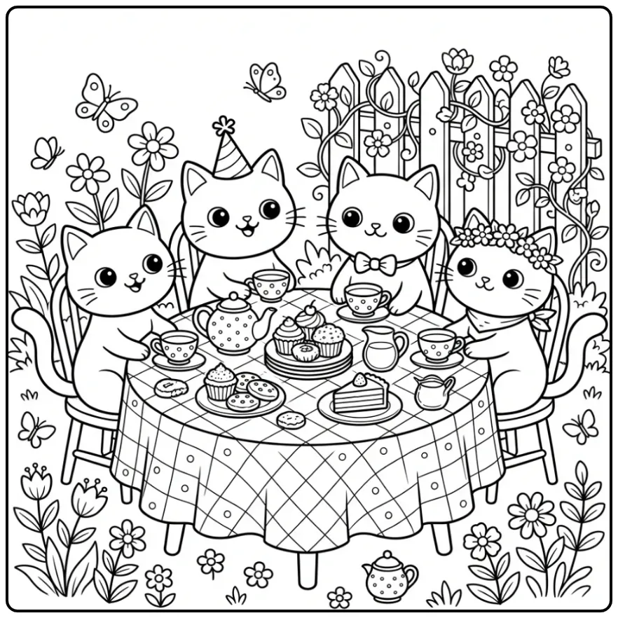 Cheerful Cat Tea Party in a Summer Garden coloring page