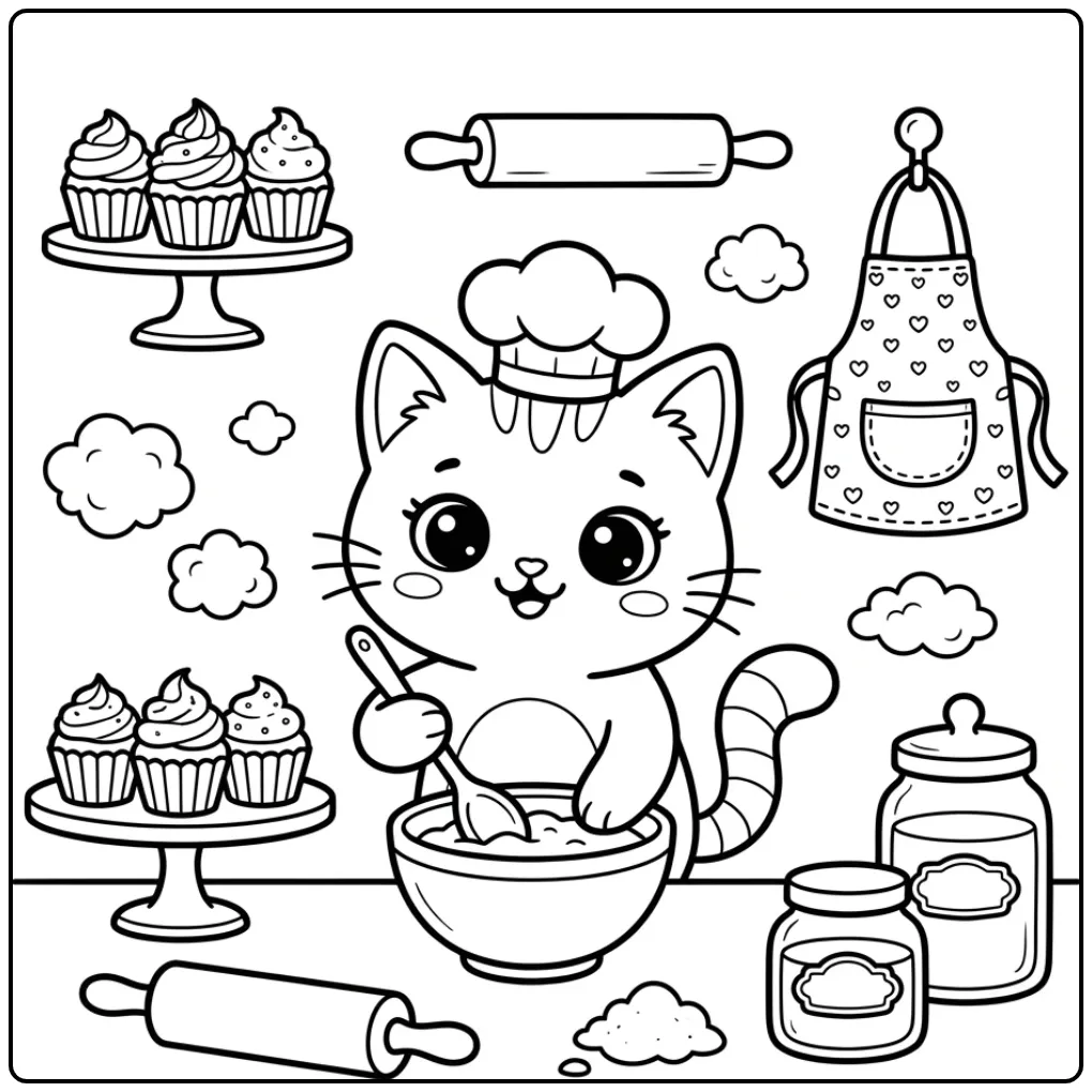 Cheerful Kawaii Kitten Chef in the Kitchen coloring page