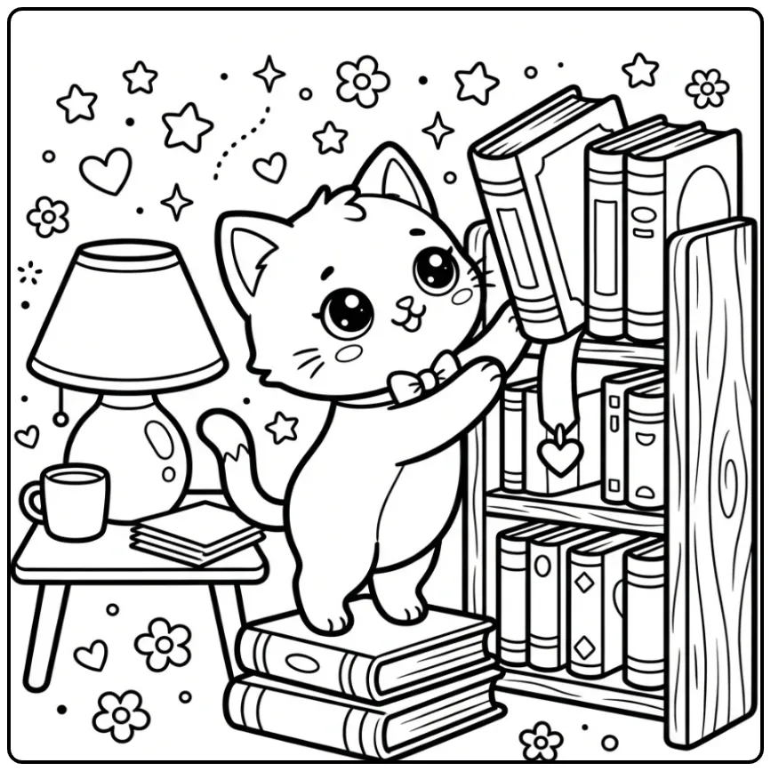 Cheerful Kawaii Kitten in the Library coloring page