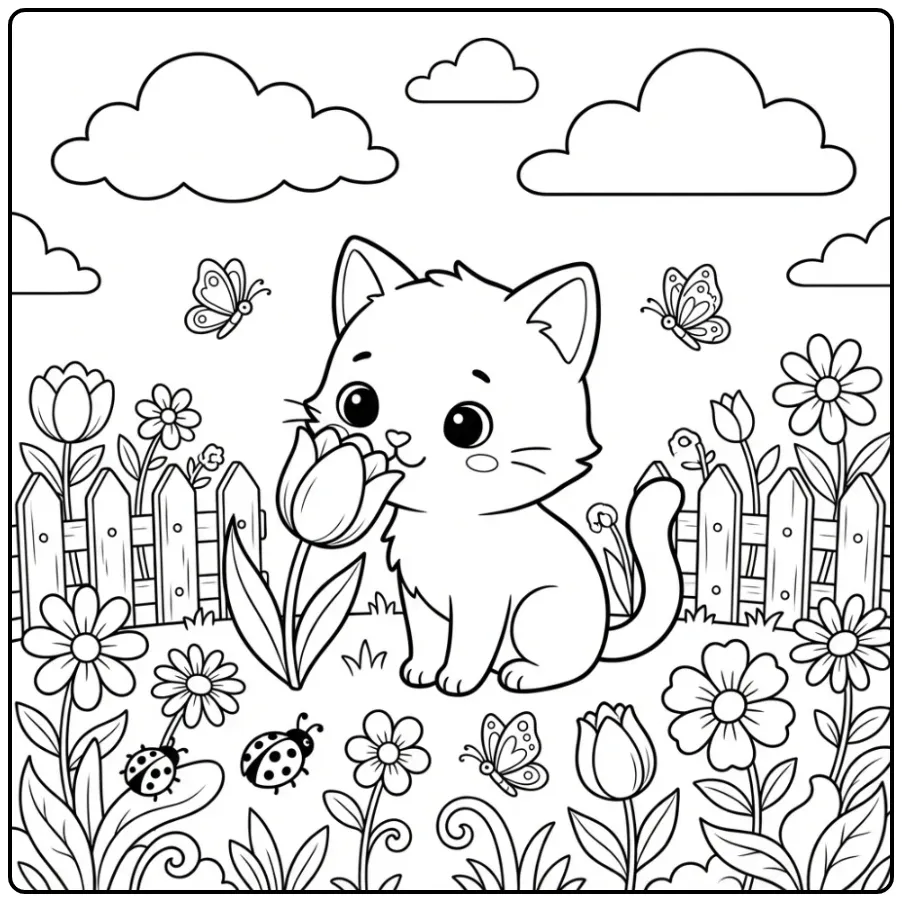 Cheerful Kawaii Kitten in the Flower Garden coloring page