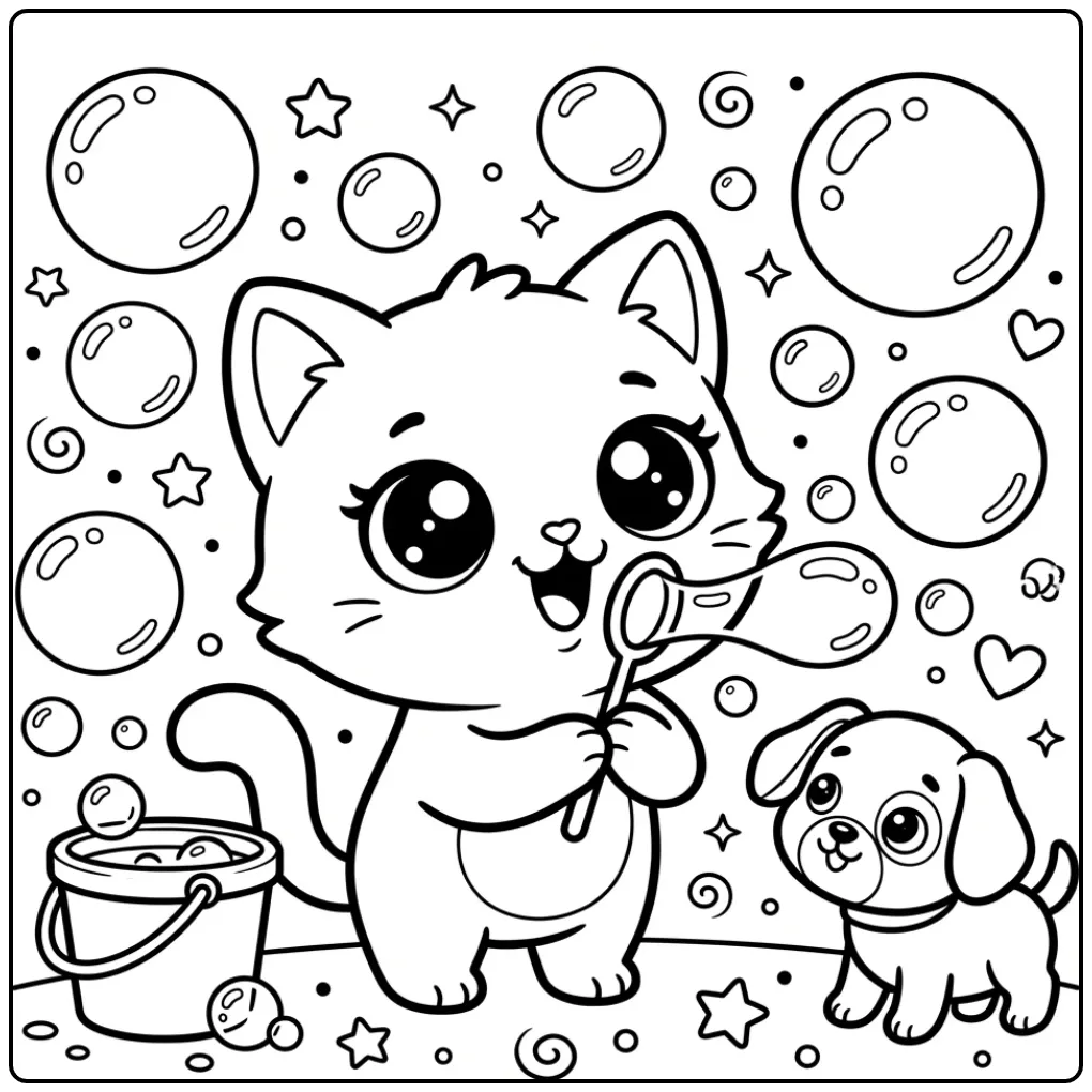 Cheerful Kawaii Kitten Blowing Bubbles with a Puppy coloring page