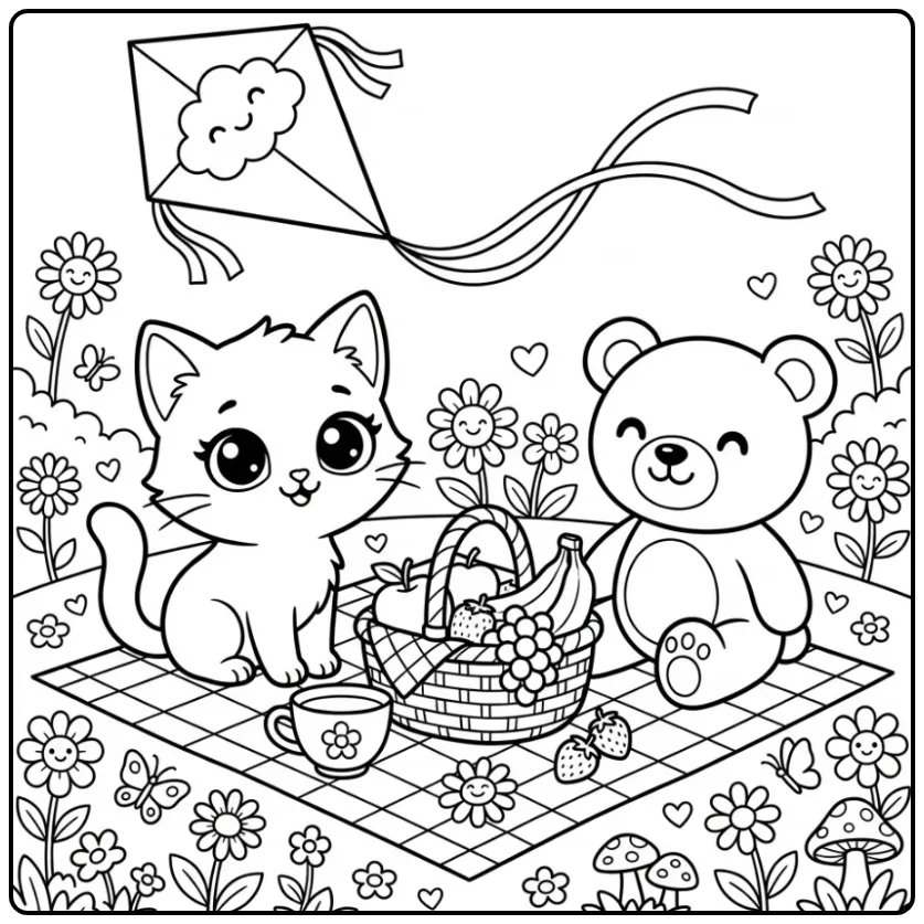 Cheerful Kawaii Kitten with Fruit Basket and Kite coloring page