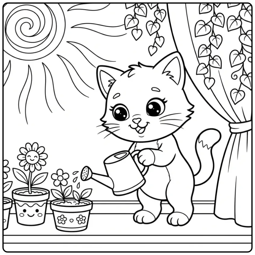Cheerful Kawaii Kitten with Watering Can and Plants coloring page