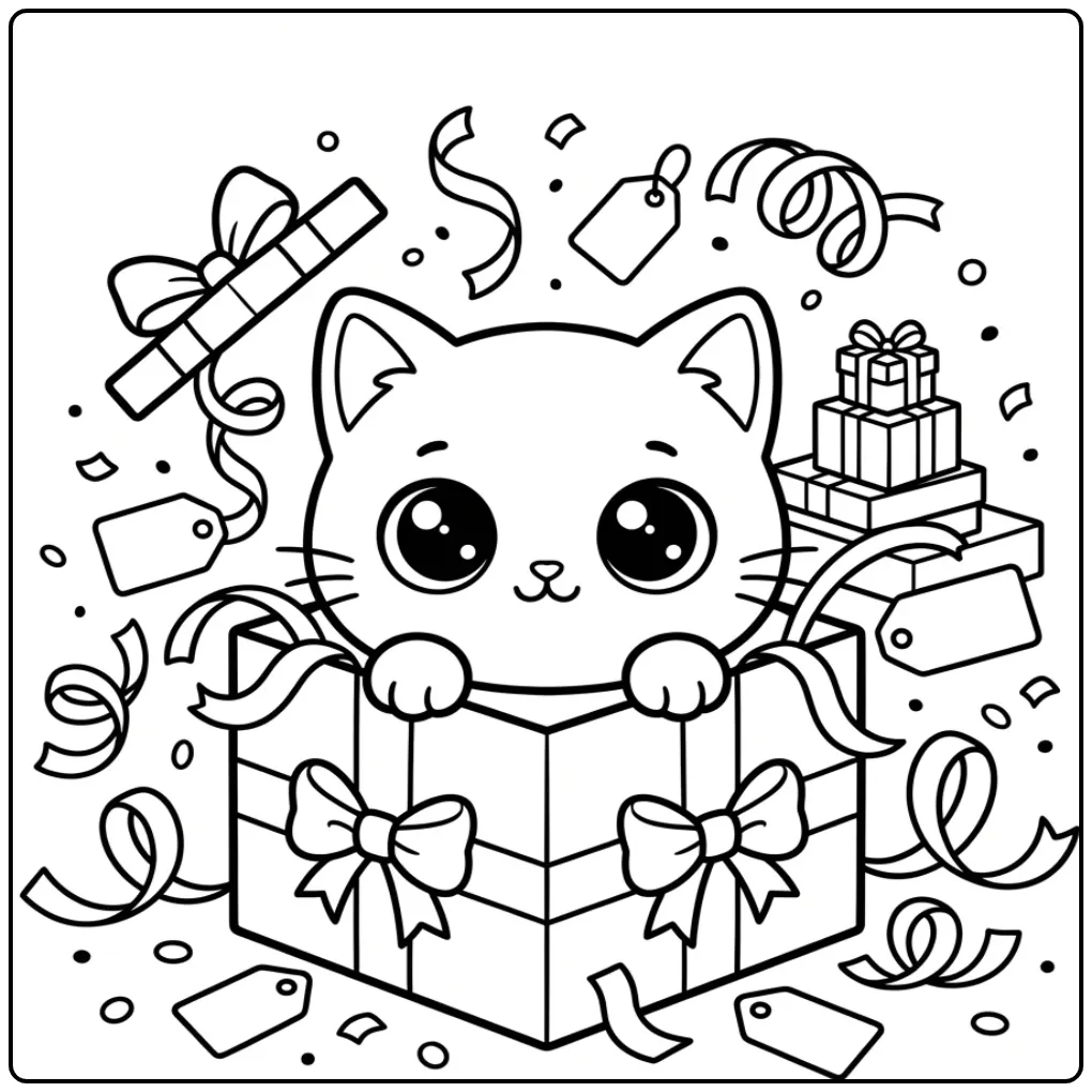 Cheerful Kawaii Kitten with Ribbons and Gifts coloring page