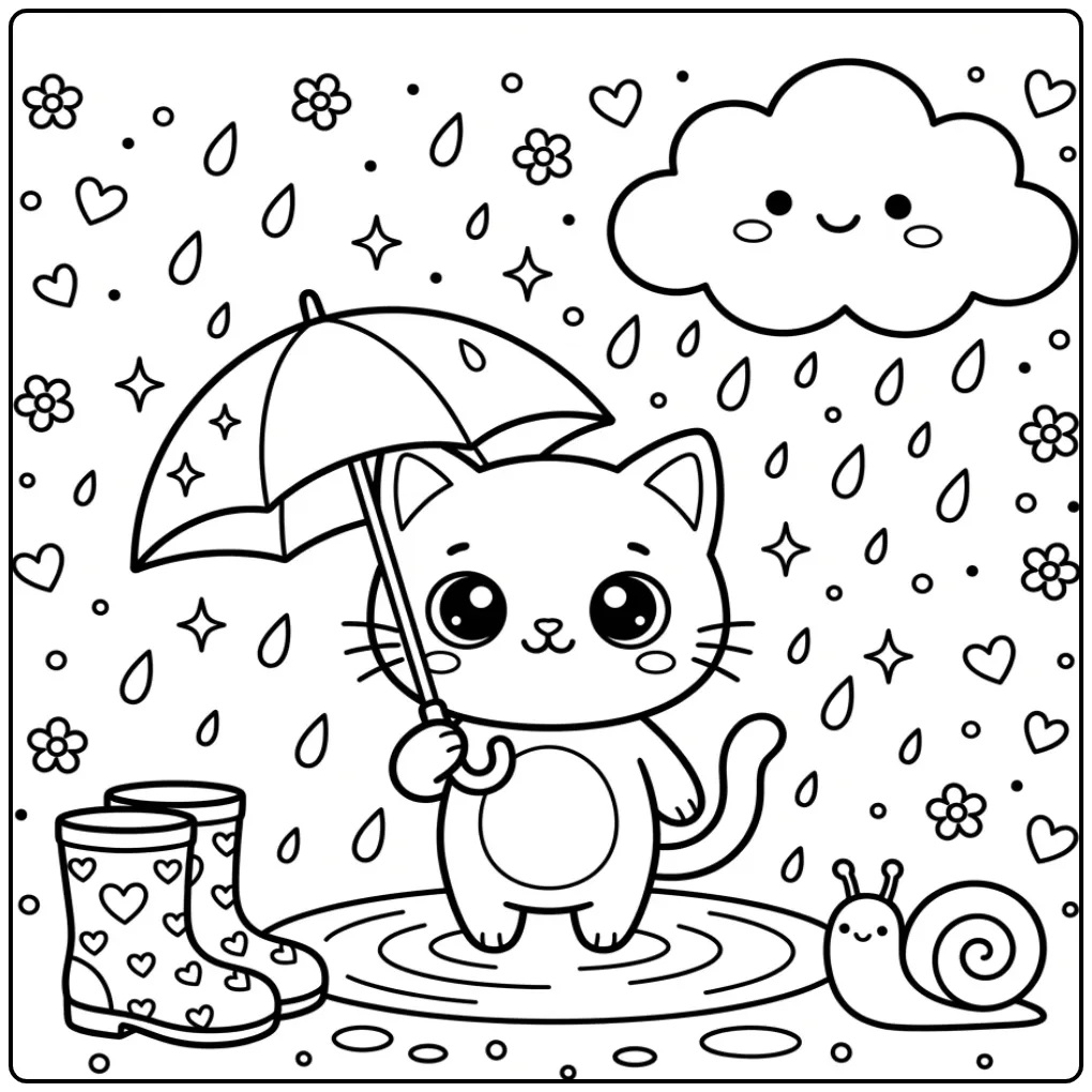 Cheerful Kawaii Kitten on a Rainy Day with a Small Snail coloring page