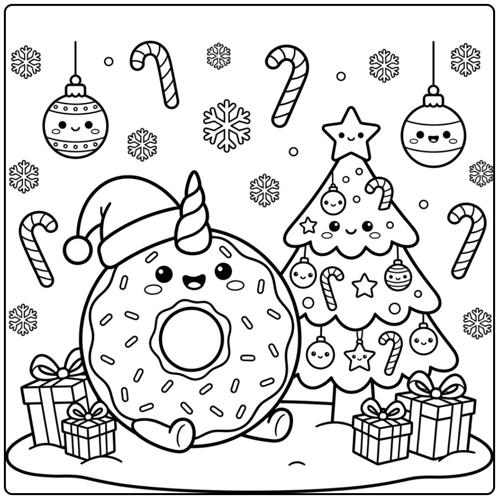 Cheerful Christmas Donut Unicorn and Gifts coloring page