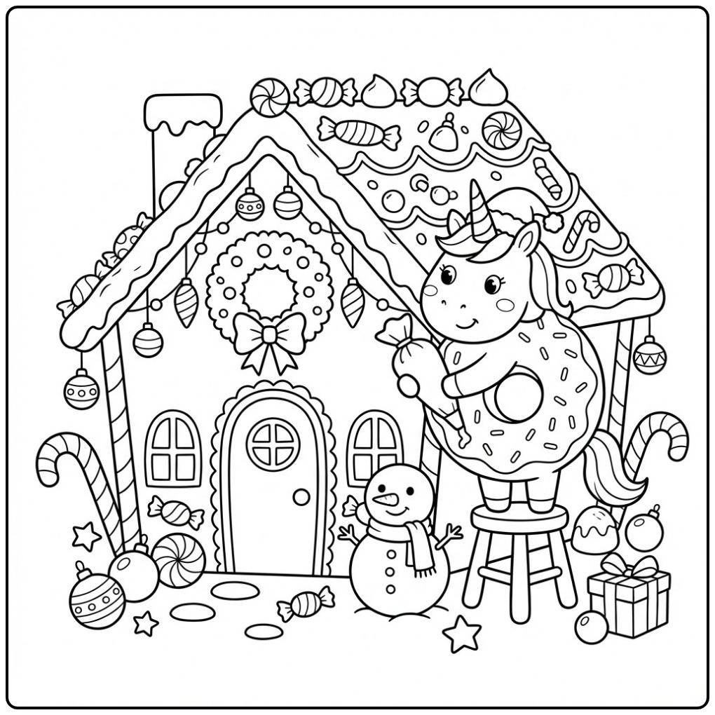Cheerful Christmas Donut Unicorn for the Holidays coloring page