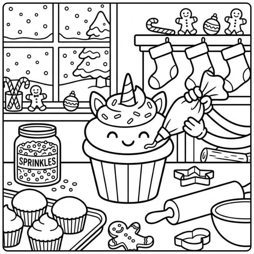 Cheerful Christmas Unicorn Cupcake Frosting coloring page